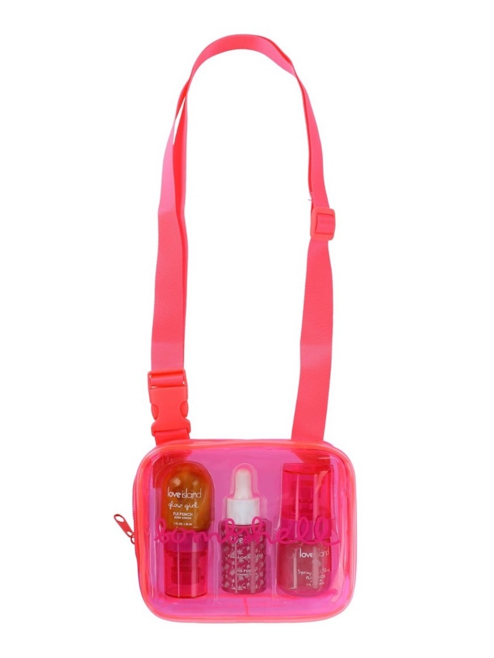 Love Island Bombshell Clear Hot Pink Crossbody Pouch with Mini Glow Bottles